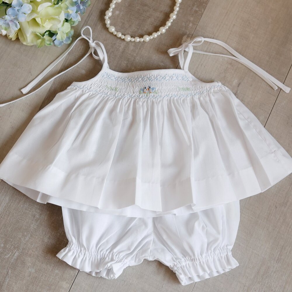 White Smocked Feltman Brothers Two Piece Set Blue Embroidery NWT